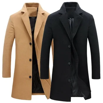 Осенне-зимние Модные Мужские Шерстяные пальто, Однотонное Однобортное Длинное пальто С Лацканами, куртка, Повседневное Пальто, Плюс Размер, 5 Цветов - Изображение 1  