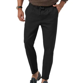 Мужские хлопчатобумажные льняные брюки, однотонная повседневная Свободная мужская одежда, дышащие брюки для фитнеса с эластичной резинкой на талии, брюки-карандаш Pantalon Homme - Изображение 1  