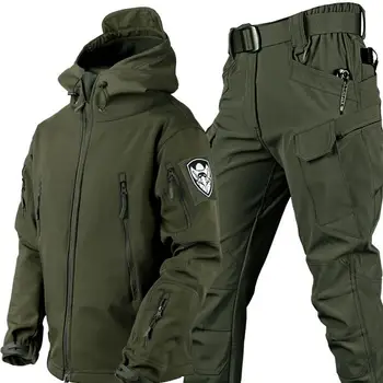 Мужская теплая зимняя военная куртка soft shell из акульей кожи, бархатный походный костюм, спортивная одежда из двух предметов для рыбалки - Изображение 1  