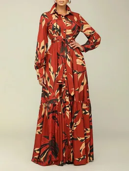 Женское винтажное вечернее платье Макси с принтом, отложной воротник, длинный рукав, плиссированный подол, платья-рубашки с поясом, Элегантная стильная уличная одежда - Изображение 1  