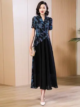 2024 новое платье ципао в китайском стиле с цветами, женское летнее платье в винтажном стиле, элегантное модное платье чонсам средней длины с v-образным вырезом - Изображение 1  