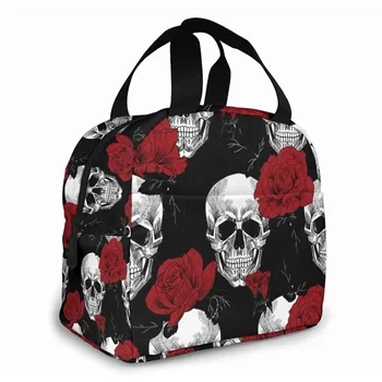 Женская сумка для ланча с цветами Сахарной косули, черепом и скелетом, изолированный ланч-бокс с передним карманом для работы, многоразовая сумка-холодильник - Изображение 1  