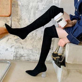 Прозрачные женские эластичные сапоги до бедра на высоком каблуке с застежкой-молнией и кристаллами, туфли с острым носком, сексуальный облегающий эластичный флок - Изображение 1  