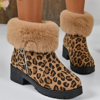 Женские Модные Пикантные Леопардовые Ботинки до середины икры, Зима 2024, Новые Меховые Теплые ботинки 