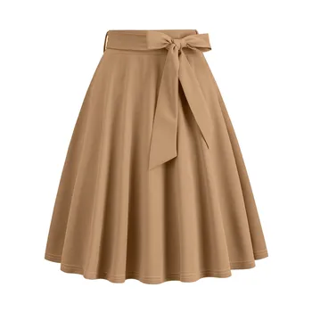Женская элегантная юбка с поясом в стиле ретро, однотонная плиссированная юбка трапециевидной формы с высокой талией. - Изображение 1  