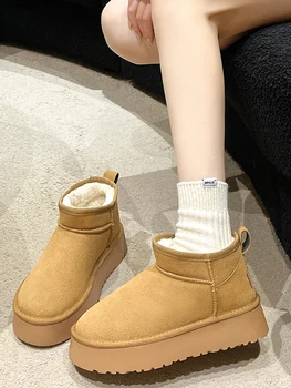 Зимние ботинки для женщин, зимняя обувь с круглым носком, женские резиновые ботильоны на плоском каблуке, осень 2023, кожа в стиле Лолиты - Изображение 1  