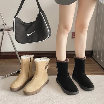Женские ботинки на плоском каблуке, женские низкие ботинки с круглым носком, австралийские ботинки-женская зимняя обувь со средней подкладкой на щиколотках из натуральной кожи и каучука - Изображение 1  