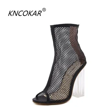 KNCOKAR Новые хрустальные и сексуальные модные женские ботинки fish mouth из прозрачной сетки на толстом высоком каблуке - Изображение 1  