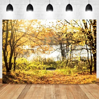 Фон для фотосъемки в осеннем лесу Laeacco, вид на озеро с кленовым листом, фон для семейной детской фотографии, плакат для фотостудии на открытом воздухе - Изображение 1  
