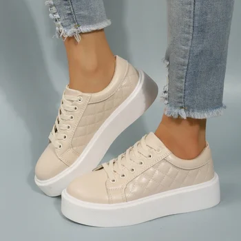 Новые женские кроссовки 2023 года, модные однотонные туфли на платформе со шнуровкой, женские простые кожаные кроссовки для прогулок на открытом воздухе. - Изображение 1  