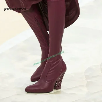 Новейшие длинные сапоги для подиума из натуральной кожи, однотонные сапоги до колена с острым носком, повседневная обувь для вечеринок для женщин, осенне-зимняя мода 2023 года - Изображение 1  