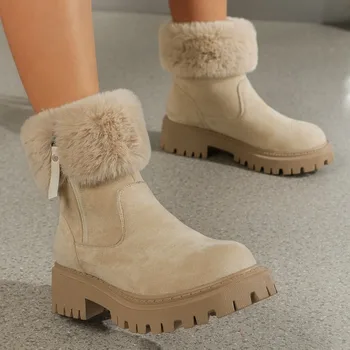 Новые женские ботинки 2023, зимние флисовые теплые женские зимние ботинки на нескользящей платформе, большие размеры 42, уличная повседневная обувь, женская обувь - Изображение 1  