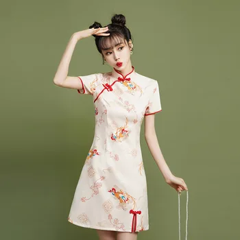 Осеннее Китайское платье Чонсам 2024, Женское хлопчатобумажное Короткое платье с ручной пуговицей, элегантные платья с вышивкой Ципао - Изображение 1  