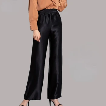Женские шелковые брюки, женские весенне-летние модные широкие брюки из шелка тутового цвета с высокой талией, Свободные повседневные прямые черные брюки - Изображение 1  