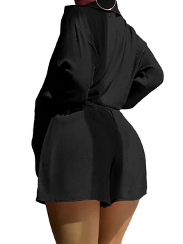 Женская летняя одежда из 2 предметов, однотонные рубашки с отложным воротником, длинными рукавами и шорты с эластичной резинкой на талии, комплект для пляжного отдыха - Изображение 1  