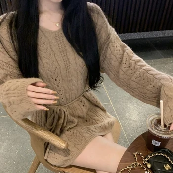 Зимний теплый винтажный вязаный пуловер, женский Свободный Ретро-сладкий свитер, женский повседневный Корейский модный дизайнерский Теплый пуловер, милый - Изображение 1  