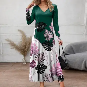 Женское платье с V-образным вырезом, Свободное платье трапециевидной формы с длинным рукавом, Мягкий дышащий пуловер длиной до щиколоток, весенне-осеннее платье Макси - Изображение 1  