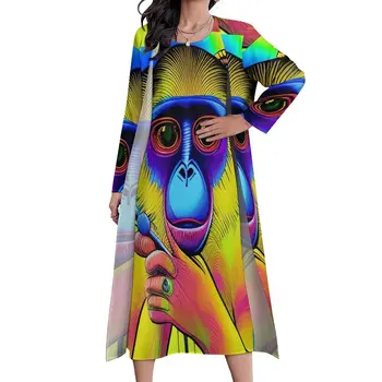 Милое платье с обезьянкой, вечернее макси-платье с забавным животным принтом, Эстетичные пляжные платья в стиле Бохо, из двух частей, Графическое платье Оверсайз - Изображение 1  