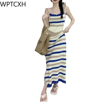 Новое французское платье-комбинация сезона Весна-лето 2024, Дизайнерское женское платье в стиле ретро, простое шерстяное платье в полоску в стиле пэчворк, стиль специй - Изображение 1  