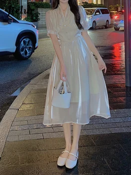 Jielur Летнее новое однотонное тонкое женское платье, милое Элегантное шифоновое платье, женское шикарное бело-розовое платье с пышными рукавами, женское - Изображение 1  