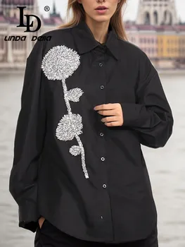 LD LINDA DELLA 2024 Осенняя мода, Повседневный кардиган для подиума, Женский Черный однобортный дизайнерский халат с бусинами для ногтей, Свободная рубашка - Изображение 1  
