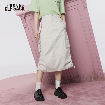 ELFSACK, серые юбки-карго, женские, весна 2023, с высокой талией, средней длины, прямой низ - Изображение 1  