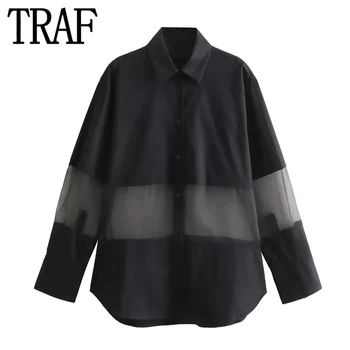 TRAF 2023, Черная рубашка из органзы, Женские рубашки оверсайз на пуговицах, Женские полупрозрачные блузки с длинным рукавом Для женщин, Свободные блузки - Изображение 1  