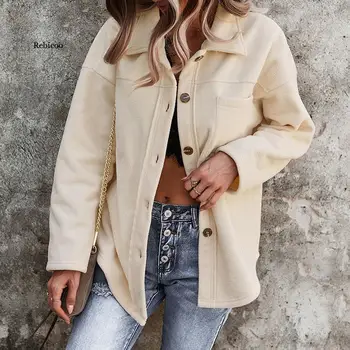 Офисная женская рубашка с воротником и карманами, куртки, пальто, повседневное короткое пальто на пуговицах с длинным рукавом, зимнее однотонное модное женское пальто - Изображение 1  