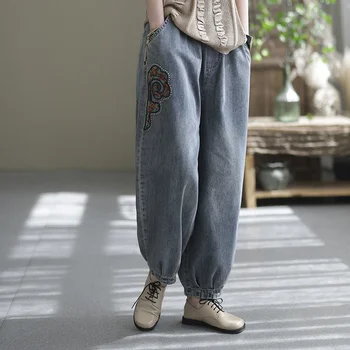 Ретро Эластичные джинсы-шаровары с высокой талией, женские прямые широкие брюки, женские повседневные Свободные джинсы-бойфренды, джинсовые брюки 3XL C506 - Изображение 1  