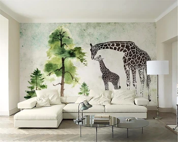 бейбехан Пользовательские обои акварель зеленое дерево жираф диван телевизор фон стены гостиная спальня фрески 3d обои - Изображение 1  