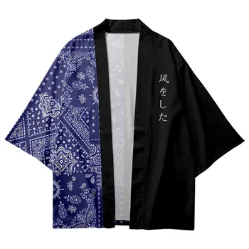 Модные Японские Черно-синие рубашки с принтом цветов Кешью, традиционное Кимоно Для мужчин и женщин, кардиган Юката, одежда Хаори для косплея - Изображение 1  