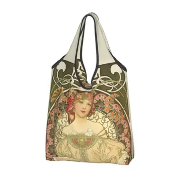 Большие многоразовые продуктовые сумки Alphonse Mucha Art, перерабатываемые Складные винтажные красивые женские эко-сумки для покупок, которые можно стирать, помещаются в карман - Изображение 1  
