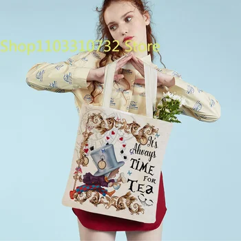 Модная сумка для покупок в Стране чудес для девочки, многоразовая повседневная детская холщовая сумка-тоут с двусторонним принтом - Изображение 1  