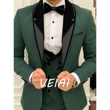 Зеленые мужские костюмы Однобортный платок с лацканами Костюм-тройка для отдыха и официальных мероприятий Куртка Брюки Жилет Hombre Slim Fit - Изображение 1  