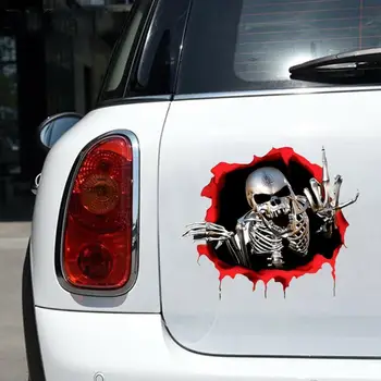 Светоотражающая металлическая наклейка с черепом, скелет, череп с ужасом, скелет, украшение автомобиля на Хэллоуин, индивидуальные наклейки 15 * 14 см - Изображение 1  