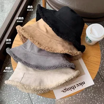 Осенне-зимняя рыбацкая шляпа Женская из овечьей шерсти, утолщенная теплая однотонная замшевая маска для лица, солнцезащитная шляпа - Изображение 1  