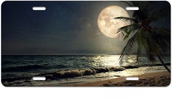 Номерной знак Тропический пляж Пальма с Полной Луной Звездная ночь Автомобильный передний номерной знак Металлическая табличка для тщеславия Автомобильный номерной знак Алюминий - Изображение 1  