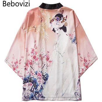 Bebovizi Повседневная Винтажная Розовая женская одежда с принтом, Традиционные Кимоно, модная мужская пляжная одежда Юката в японском азиатском стиле - Изображение 1  