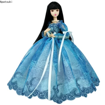 Синее свадебное платье ручной работы для куклы Барби, наряды, вечернее платье принцессы с пышными рукавами и бантом, аксессуары для кукол, игрушки - Изображение 1  