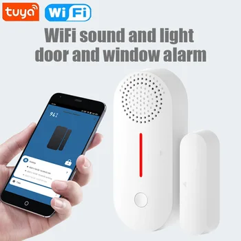Tuya Wifi Звуковой и световой Датчик магнитной сигнализации двери Магнитный переключатель систем безопасности для защиты домашних дверей и окон от кражи - Изображение 1  