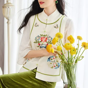 Высококачественный весенне-летний жилет в китайском стиле с цветочной вышивкой в стиле ретро, элегантный женский жилет, размеры S-XXL - Изображение 1  
