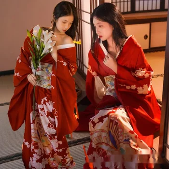 Кимоно женское вечернее платье традиционное модифицированное красное японское кимоно девушки Кадзуки в стиле ретро - Изображение 1  