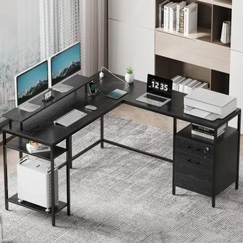 L-образный письменный стол с подставкой для монитора и полками для хранения, угловой письменный стол для домашнего офиса, стол Pliante, Черные столы для комнаты, мебель для чтения - Изображение 1  