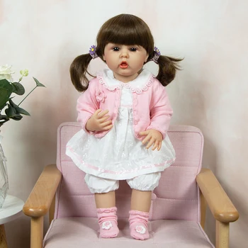 Кукла Реборн с виниловым корпусом 55 см, уже готовая раскрашенная кукла Bebe Reborn для девочек-малышей с розовой шерстью и отросшими волосами для девочек - Изображение 1  