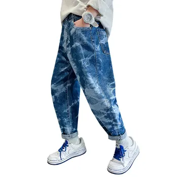 Свободные джинсовые брюки для больших мальчиков, шаровары, джинсовые брюки для подростков, детская весенняя повседневная одежда с принтом для детей от 5 до 14 лет - Изображение 1  