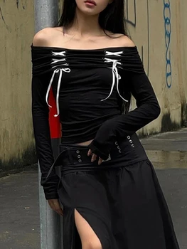 Женская элегантная футболка с длинным рукавом и открытыми плечами контрастного цвета, укороченный топ на завязках Y2K Slim Fit, летняя клубная одежда - Изображение 1  