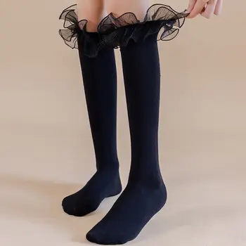 Модные повседневные носки с высокой талией Черные Двойные кружевные носки для икр 