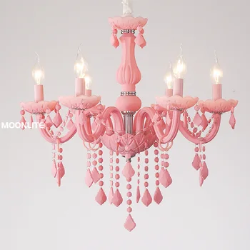 Европейская розовая хрустальная люстра, теплые подвесные светильники для гостиной и спальни, декоративная люстра в виде свечей цвета миндального ореха - Изображение 1  