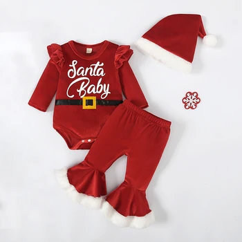Рождественская одежда Listenwind для маленьких девочек, комбинезон с длинными рукавами, расклешенные штаны, комплект шляп, костюм Санты для новорожденных от 0 до 18 месяцев - Изображение 1  