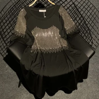  4XL!летняя модная черная женская футболка 2022 года из мягкой ткани с бриллиантами, женские футболки - Изображение 1  